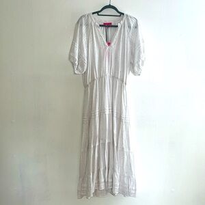 NWT BETSEY JOHNSON White V-Neck Bubble Sleeve Tiered Skirt Maxi Dress Sz XL